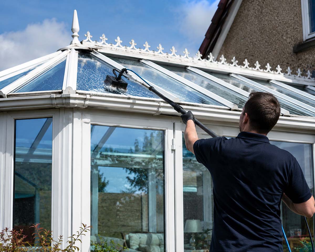 Man cleaning the roof of conservatory